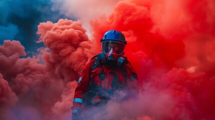 Wall Mural - Rescue man in firefighter uniform and oxygen mask walk through orange signal smoke