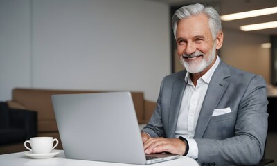 Senior in business suit seats at table with laptop in office.Advertisements or promotions for companies specializing in tailored business suits or professional attire.