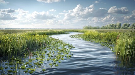 Wall Mural - A digital graphic of a coastal buffer zone with engineered ecosystems to protect inland areas.