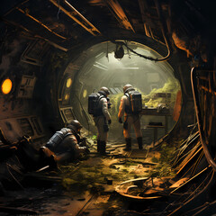 Wall Mural - Astronauts exploring a derelict spaceship.