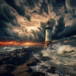 Dramatic storm clouds over a lighthouse.