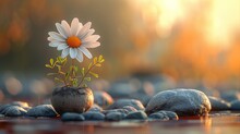 A Small White Flower Is Sitting In A Small Rock, Concept Of Tranquility And Peace