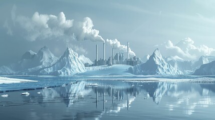 Sticker - A digital depiction showing melting glaciers with industrial smokestacks in the background, illustrating climate change.