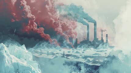 Poster - A digital graphic depicts melting glaciers against industrial smokestacks, symbolizing climate change.