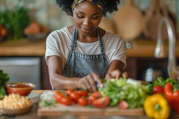 Wall Mural - A focused woman preparing a fresh salad with tomatoes and other vegetables in a home setting