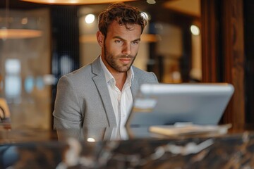 A handsome man in smart casual attire deeply focused while working on his laptop at an upscale bar