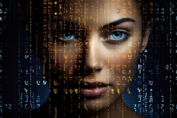 Leinwandbilder - Female face with matrix digital numbers artifical intelligence.