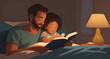 Illustration about, A parent reading a bedtime story to their child, evoking warmth, comfort, and parental love . ai generative