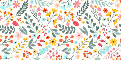 Wall Mural - Seamless pattern with hand drawn various blooming spring flowers and leaves on white background in flat vector style. For textile, wallpaper, wrapper.