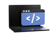 © Theeraphat - 3D Computer laptop pc and programing code development popup icon. Web coding concept. Website programming engineering language. Cartoon creative design icon isolated on white background. 3D Rendering.