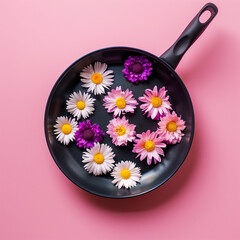 Wall Mural - Creative concept with spring flowers frying in pan on pastel pink background. Minimal nature flat lay. Spring concept