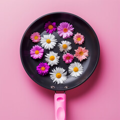 Wall Mural - Creative concept with spring flowers frying in pan on pastel pink background. Minimal nature flat lay. Spring concept