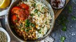 koshari dish with lentils, rice, and pasta