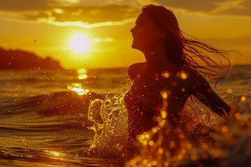 Wall Mural - Silhouette of Joyful Woman Splashing Water at Sunset on Tropical Beach, Euphoric Holiday Moment
