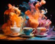 Ethereal 3D coffee cups emerging from a canvas of dusty vibrant hues