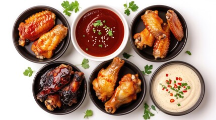 Wall Mural - Air fryer chicken wings glazed with hot chilli sauce and served with different sauces. isolated on white background . top view