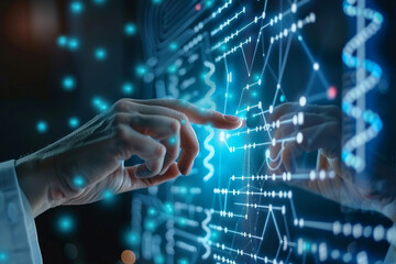 Poster - A person is pointing at a computer screen, representing a computer program. Doctor touching icon DNA and digital healthcare and medical diagnosis of patient with network connection on modern interface