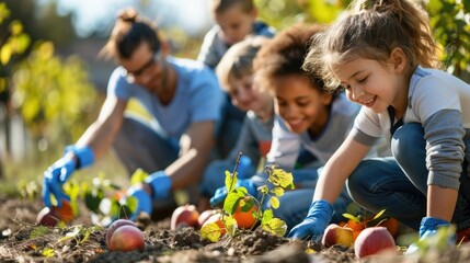 A group of people, including a young girl, are working together to plant apples in a garden. The atmosphere is cheerful and collaborative, as everyone is focused on the task at hand