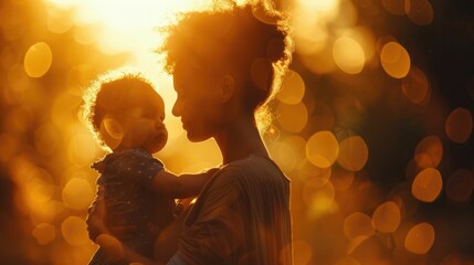 mother gently embraces her child in the golden light of a setting sun, holds her child close, provid