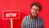 Fototapeta  - Bewildered man with error sign on red background