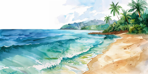 Sticker - Hand-drawn watercolor of summer tropical beach with golden sand, watercolor,  background with a pace for text