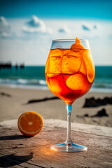 Wall Mural - Chilled aperol cocktail on the table on the beach. Generative AI,