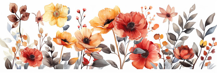 Wall Mural - Watercolor autumn flowers border isolated on white background, watercolor, white background 