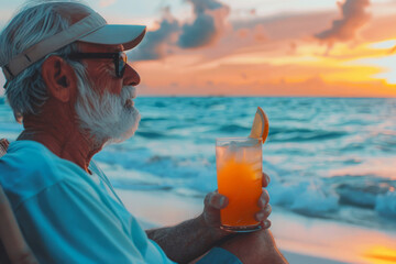 A man is sitting on the beach with a glass of orange juice in his hand. The ocean is in the background and the sky. man is wearing a hat and sunglasses. a senior person enjoing his mocktail on a beach