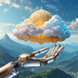 AI robot's hand (cyborg) holding cloud with religious concept
