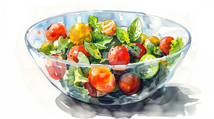 Sticker - Watercolor painting of fresh, colorful salad in bowl, watercolor, white background 