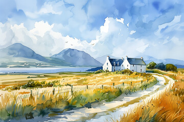 Sticker - Watercolor painting of scenic, tranquil Irish countryside landscape, watercolor, white background 