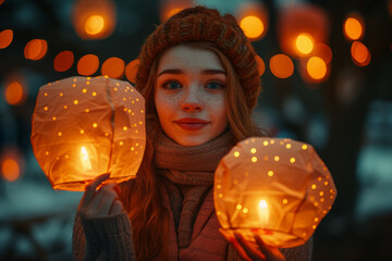 Poster - A group of people releasing lanterns into the night sky, symbolizing dreams, aspirations, and collective hope. Concept of shared goals. Generative Ai.