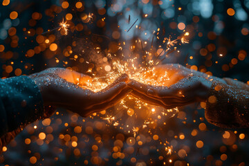 Aufkleber - A powerful high-five with sparks igniting from the impact, representing the energy and enthusiasm in successful collaborations. Concept of dynamic teamwork. Generative Ai.