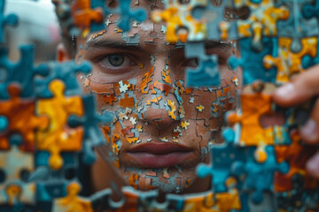 Poster - a man holding a puzzle piece in front of his face, showcasing the complexity and mystery of mental h