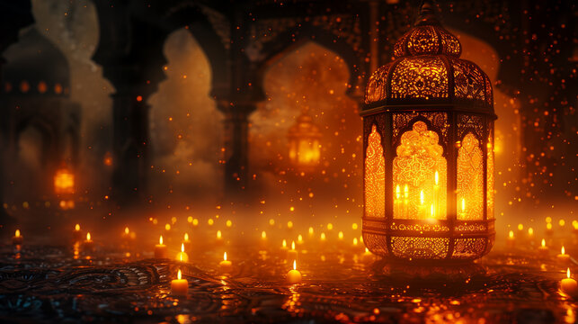 A vintage and spiritual background featuring a traditional lantern with candles in the backdrop