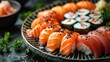 Delicious sushi roll set on dark background, Japanese food