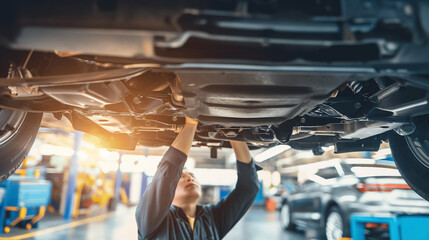 Auto Mechanic Inspecting Car Undercarriage. An auto mechanic carefully examines the undercarriage of a vehicle during a routine service check in a well-equipped garage.