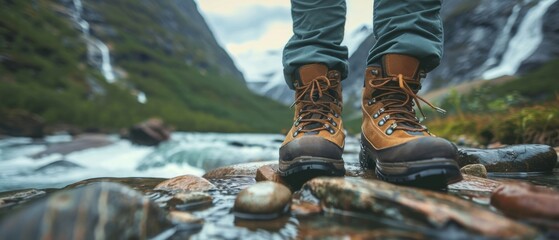 Sticker - View from mountains - Hiking hiker traveler landscape adventure nature outdoors sport background panorama - Close up of feets with hiking shoes from a man or woman walking in the river