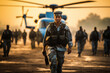The work of international peacekeeping missions. A group of marines dressed in military camouflage uniforms and cargo pants are marching towards a military helicopter with its rotor spinning,