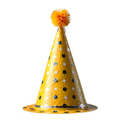 Wall Mural - Sparkly Yellow Party Hat Isolated on Transparent Background. Gold Birthday Cap