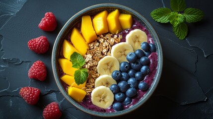 Healthy bowl of fruit adorned with slices of banana, mango, and blueberry