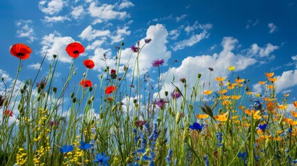 Sticker - Beautiful field meadow flowers, spring and summer flower panorama