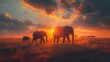 Sunlit Savanna Stroll: Family of Elephants Trekking Across the Savannah at Sunset, a Creation by Generative AI
