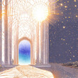 Fantasy watercolor illustration with a girl walking into a light portal.