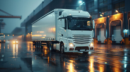 Wall Mural - A white truck parked in front of an industrial logistics building.