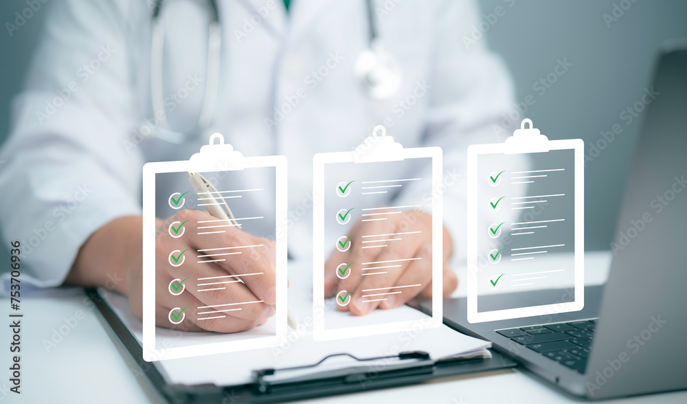 Check list concept.Medical worker with online checklist survey, filling ...