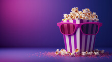 Popcorn Basket With 3d Glasses On Violet Background For Cinema Movie Poster And Banner