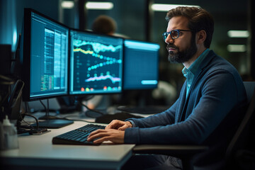 Hard working person in modern interior office programming writing web java script code AI technology generation