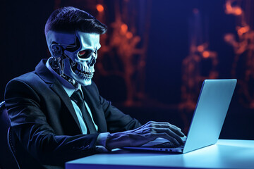 Poster - hard working person in modern interior office programming writing web java script code ai technology