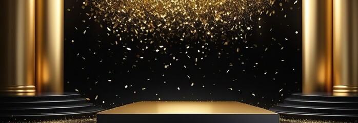 Background black podium stage gold award glitter light 3d platform product golden pedestal. Podium show black background abstract elegant ceremony dark display spotlight effect confetti night scene